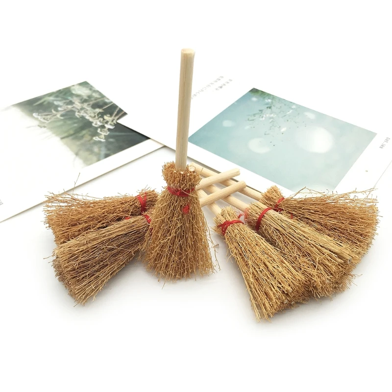 10Pcs Mini Broom Red Rope Straw Brooms Hanging Decorations For Halloween Party Costume Witch Broom Dollhouse Accessories