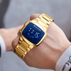 Square Stainless Steel Band Electronic Watch Personality Fashion Map Gold Blue Luxury Men's Watch LED Wrist Watch Birthday Gift