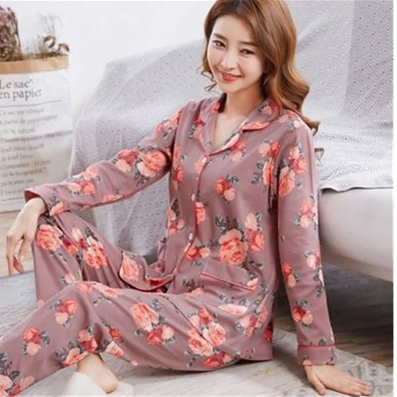 UHYTGF New Cotton Spring Autumn Pajamas Set Women Fashion Printing Two-Piece Comfortable Thin Sleepwear Loose Nightwear Suit1858