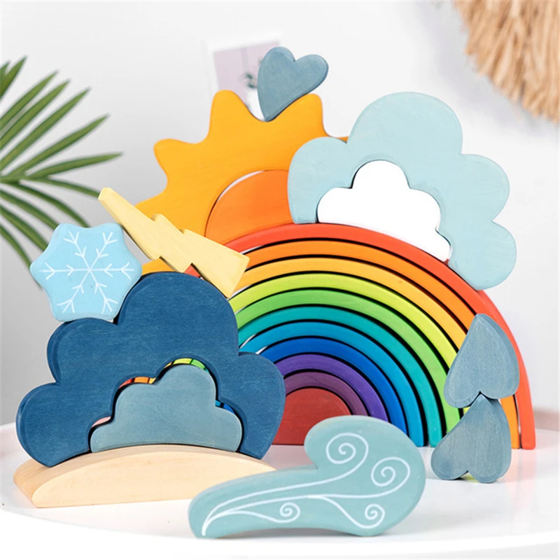 

Basswood Weather Blocks Open Ended Play Creative Blue Cloud Rain Sun Wind Building Block Nordic Montessori Educational Wood Toys