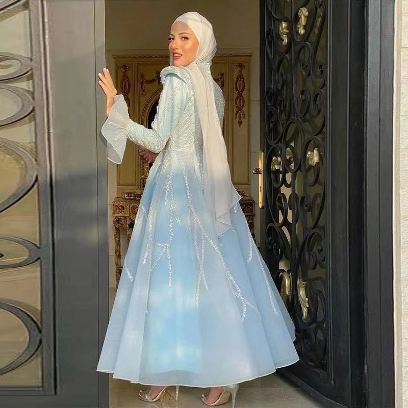 Elegant Blue Muslim Prom Dresses High Collar Long Sleeve Beading Arabic Dubai Evening Party Gowns A Line Ankle Length Vestidos