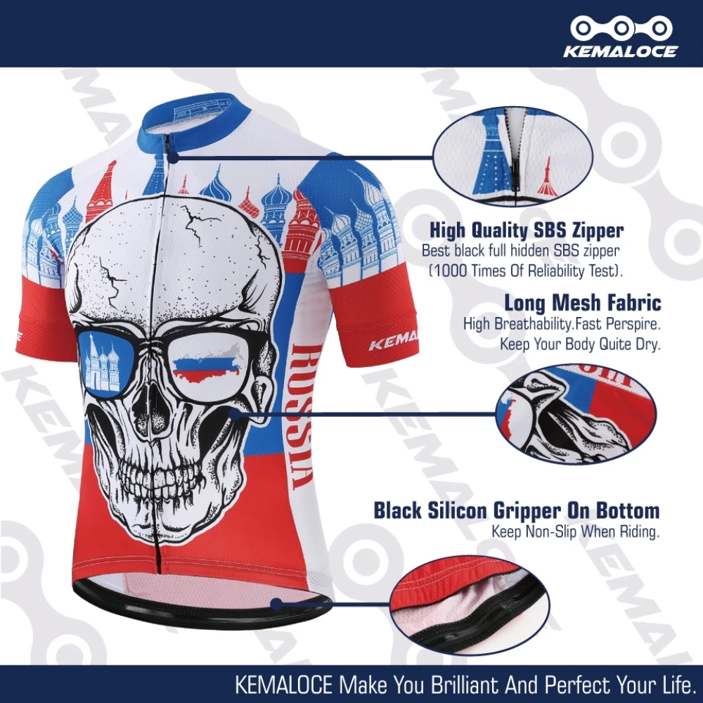 KEMALOCE Bike Jersey Russian Pro Breathable Summer Skull Racing Clothes Men Polyester Bicycle Shirts Maillot Cycling Wear