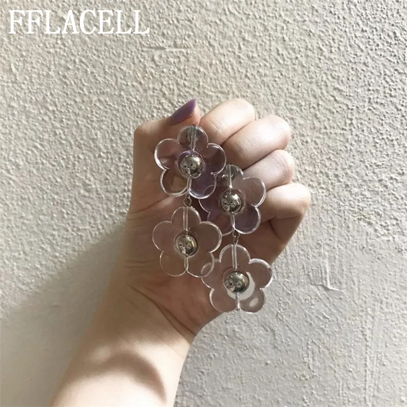 FFLACELL Japan Harajuku Cool Transparent Resin Acrylic Flower Long Tassel Drop Earring For Women Party Hot Jewelry