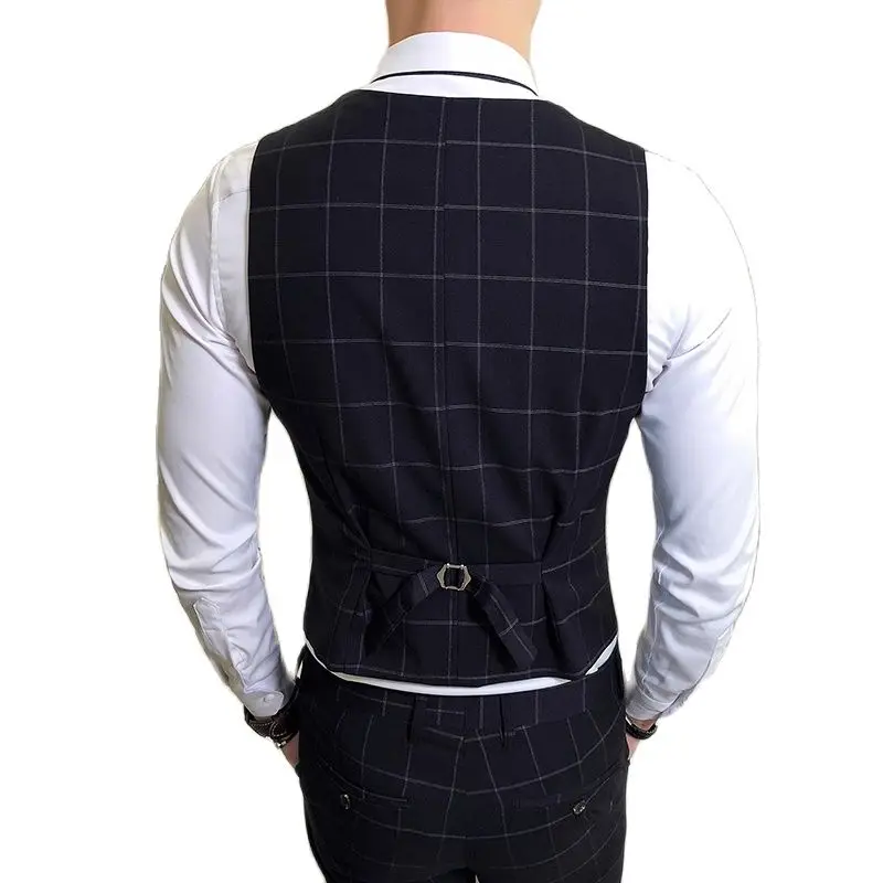 Fashion Brands Male Suit Vests Business Wedding Dresses Tops Men Slim Fit Male Casual Grid Waistcoat Size S-4XL