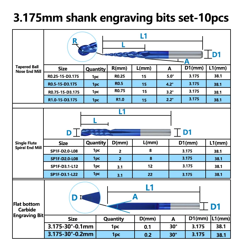 XCAN Solid Carbide Engraving Bit 10pcs 3.175mm Shank CNC End Mill Woodworking Router Bit Wood Milling Cutter