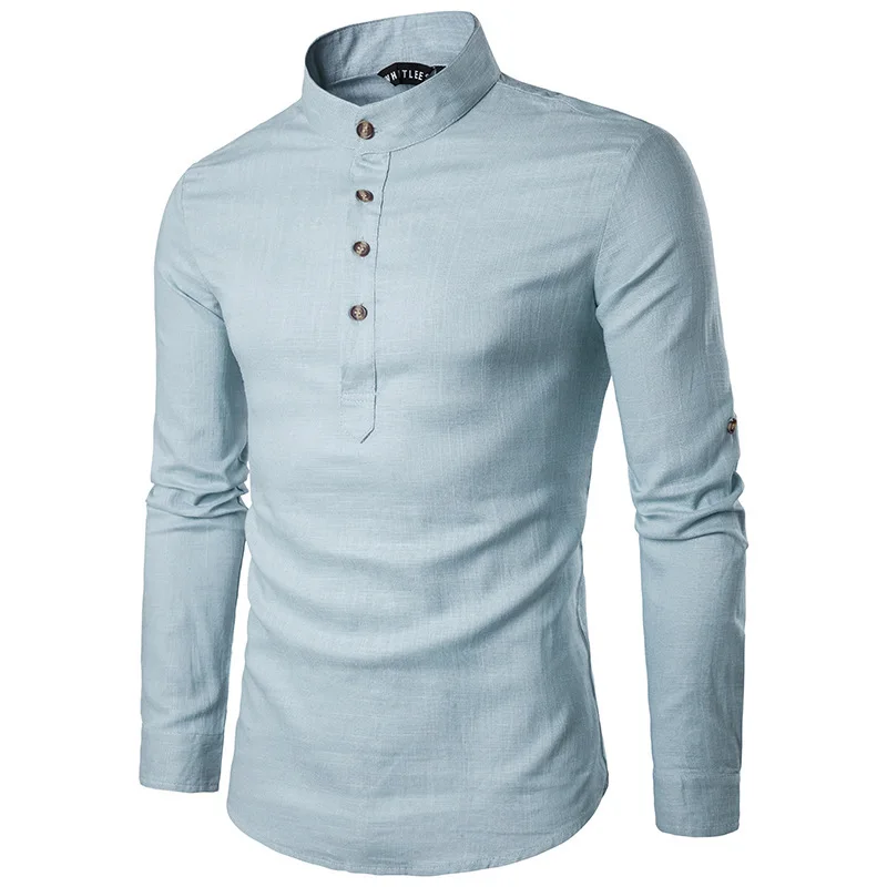 Euro Size Mens Linen Shirts Long Sleeve Button Down Solid Loose 2024 Spring Autumn Dress Henley Shirts Fashion Male Clothes