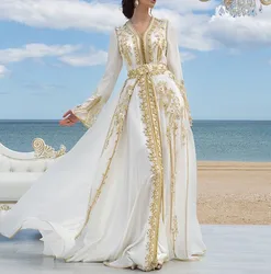 Vestidos de Noche de lujo de gasa blanca, apliques de encaje dorado, caftán marroquí, vestido de Madre de Dubái, árabe, musulmán, ocasión especial