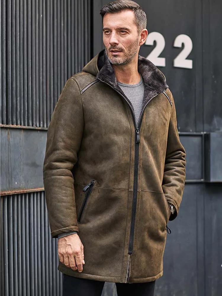 Denny&Dora New Mens Sheepskin Shearling Jacket Long Trench Coat Removable Hooded Warmest Winter Overcoat