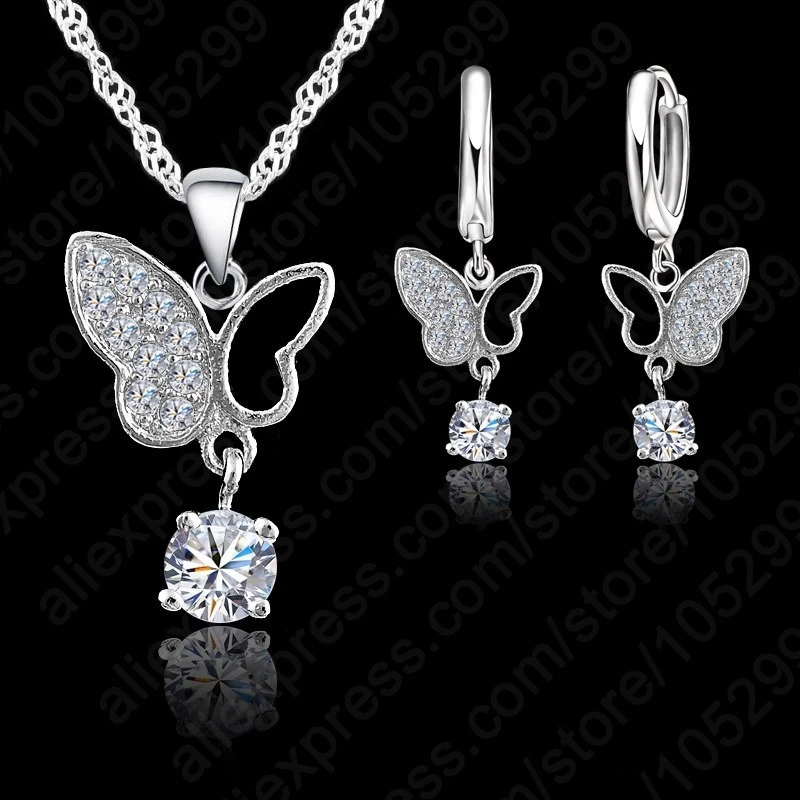 Sweet Animal Butterfly Pendant Necklaces Drop Earrings Cubic Zircon 925 Sterling Silver Bridal Wedding Jewelry Sets