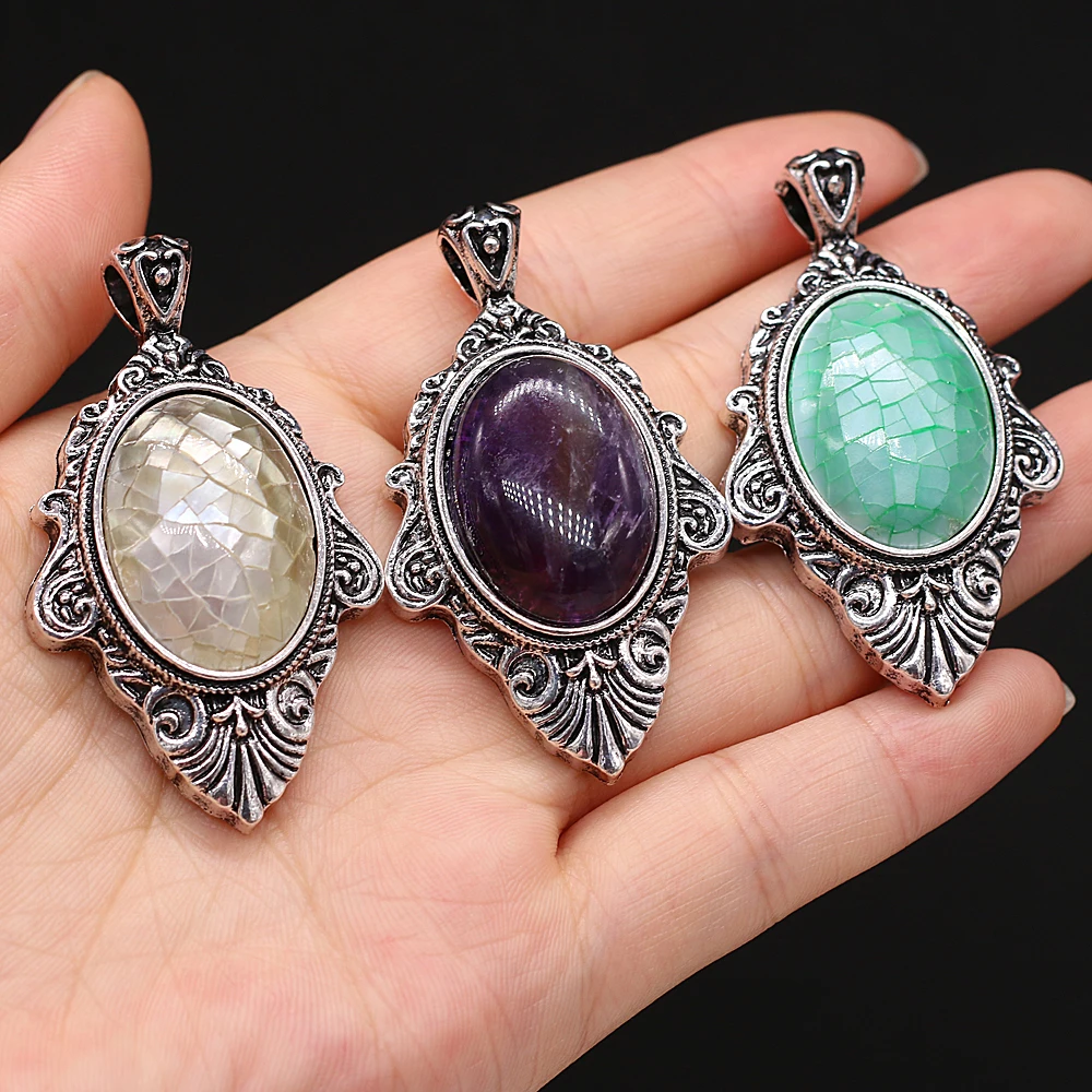 Natural Stone Amethysts Cabochon Oval Bead Pendant Vintage Alloy Abalone Shell Charms for Jewelry Making DIY Necklace Fine Gift