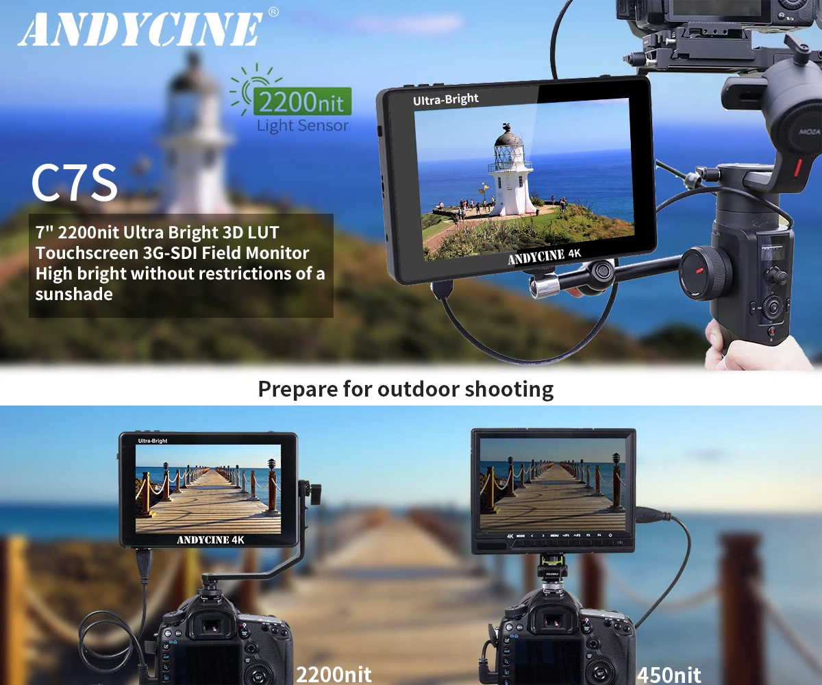 ANDYCINE C7/C7S Field  DSLR Camera Monitor 7 Inch Ultra Bright 2200nit 1920x1200 Touch Screen 4K HDMI 3G-SDI In/Out