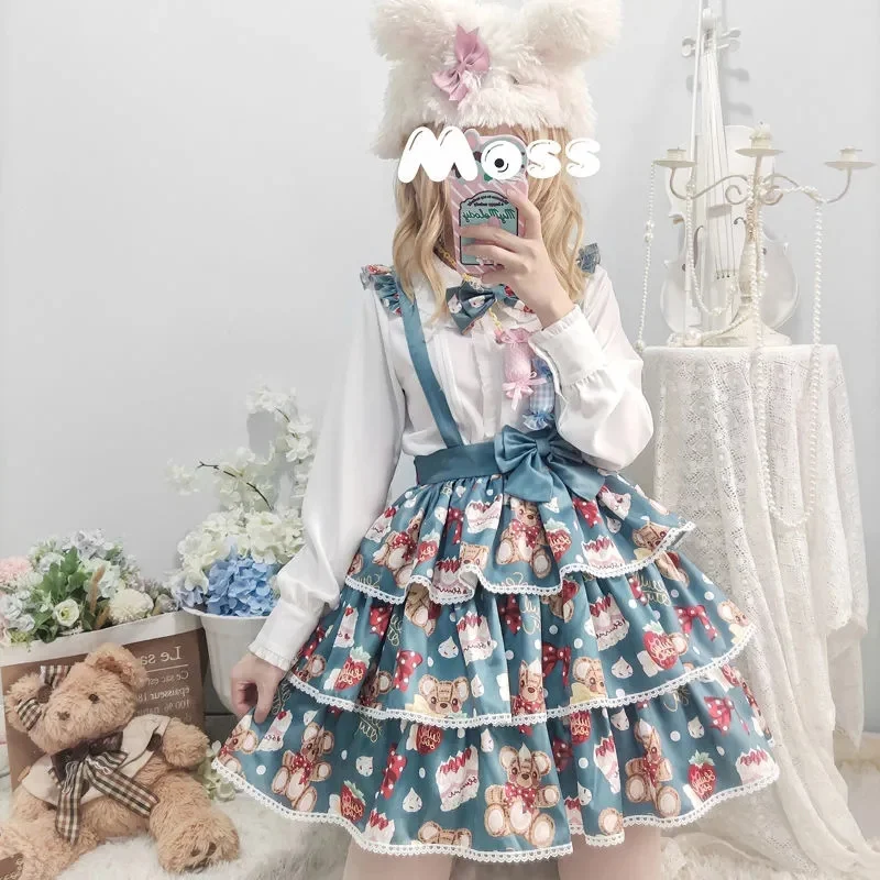 Jupe Lolita japonaise pour étudiantes, tenue Kawaii Vintage, Falbala mignon imprimé, sangle à nœud papillon, Lolita Cosplay Cos Loli