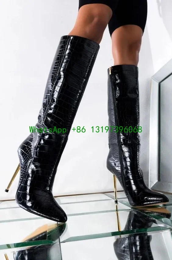 

Ladies pointed black stone pattern knee-length boots sexy fashion shoes side zipper gold stiletto boots everyday footwear large