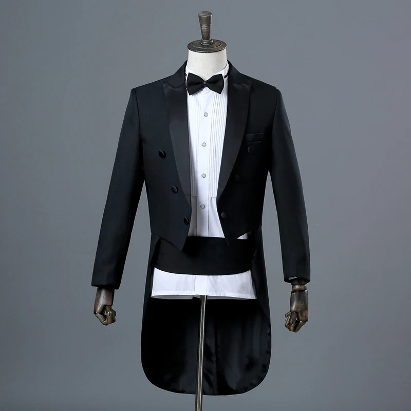 Tuxedo Dress Mens Classic Black White Shiny Lapel Tail Coat Tuxedo Wedding Groom Stage Singer Blazer Pants Suits Set Dress Coat