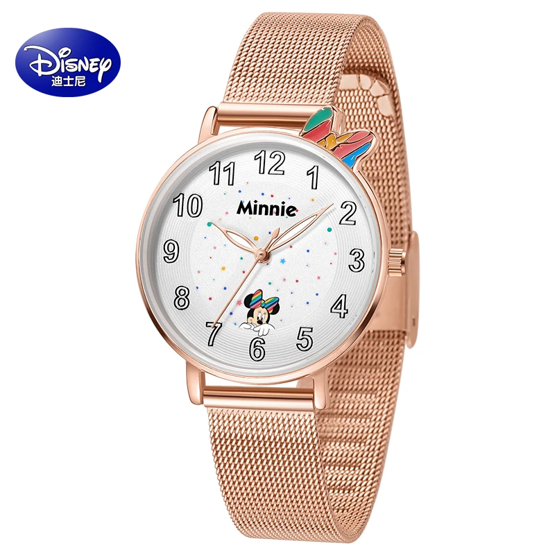 Disney Originele Meisje Quarz Casual Horloges Micky Mouse Wit Rose Gold Pu Nieuwe Waterdichte Leuke Kids Vrouwen Student Gift klok