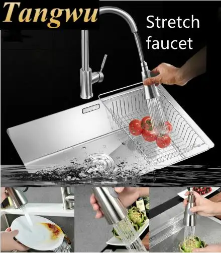 Free shipping Household kitchen manual sink single trough stretch faucet food grade 304 stainless steel hot sell 50x43/58x43 CM