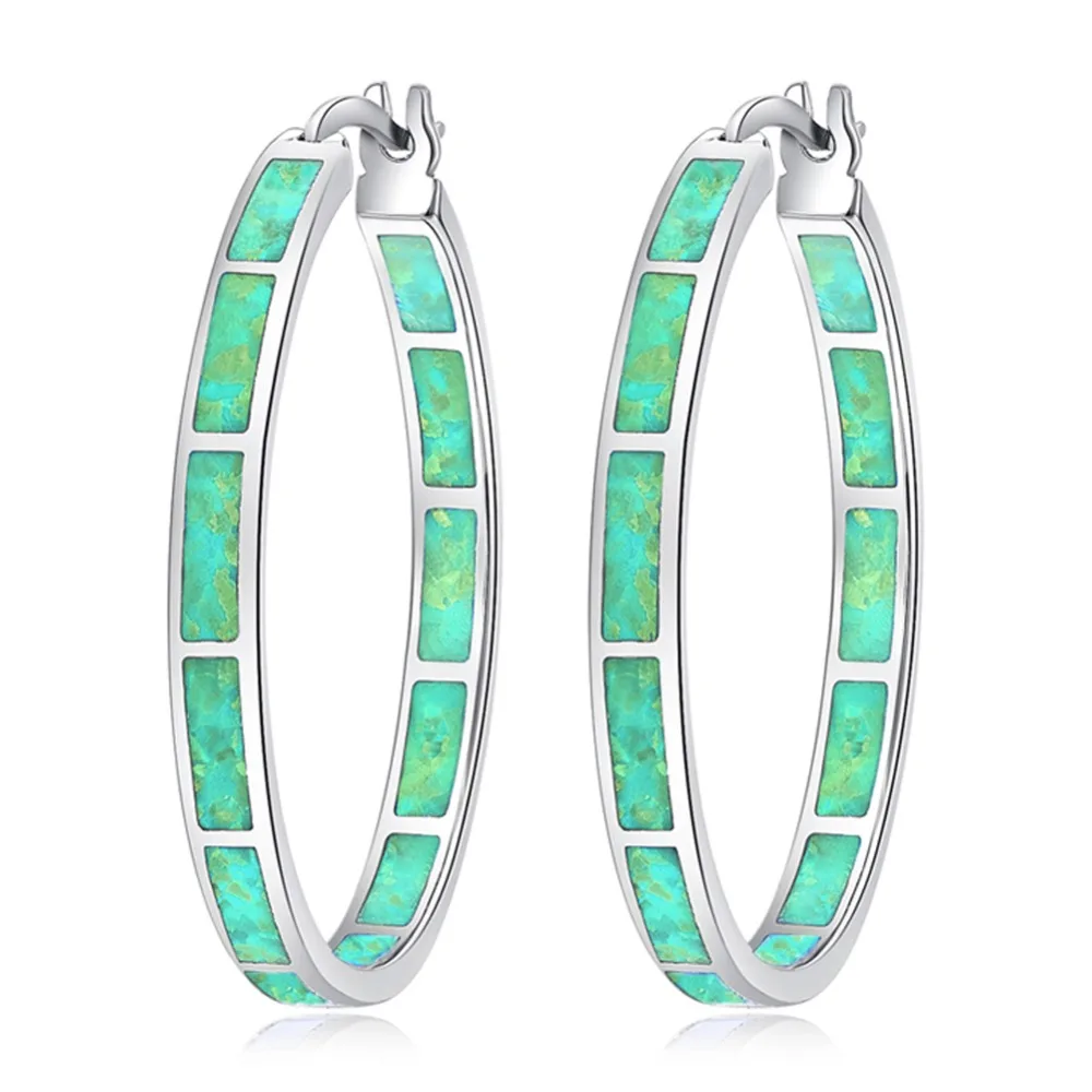 CiNily Blue Green Fire Opal Stone Hoop Earrings for Women Silver/Rose Gold Color Big Round Circle Hip Hop Punk Party Jewelry