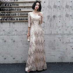 Customized 2024 Gold Champagne Sparkle Evening Dresses Long Sequined A-Line V-Neck 3/4 Sleeves Formal Dresses Robe De Soiree