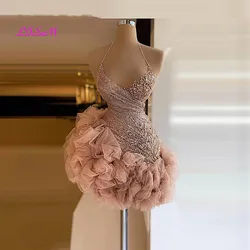 Vestido corto Rosa polvoriento para fiesta de bienvenida, minivestido con volantes y lentejuelas, Halter, espalda Sexy, cóctel de celebridades