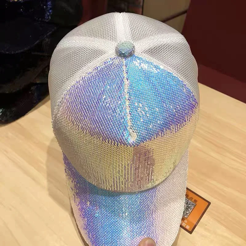 YOYOCORN Striking Pretty Adjustable Women Panama Girls Hats For Party Club Gathering rainbow Sequins Shining Mesh Baseball Cap