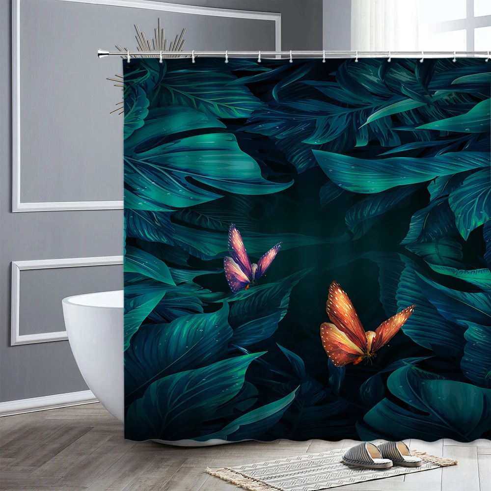 Tropical Plant Leaf Shower Curtains Flower Bird Parrot Green Palm Leaves Print Waterproof Fabric Home Decor Bathroom Curtain set