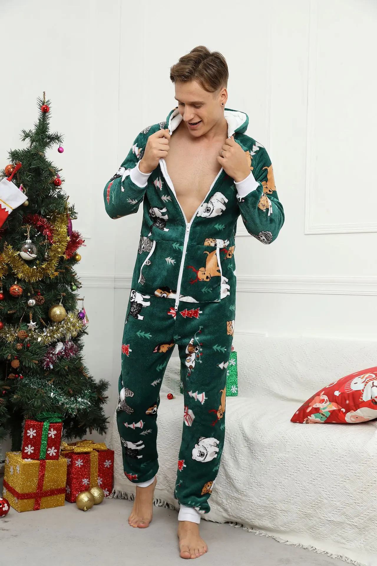Pijama navideño de franela para hombre, ropa de dormir cálida y suave, mono de manga larga, Invierno