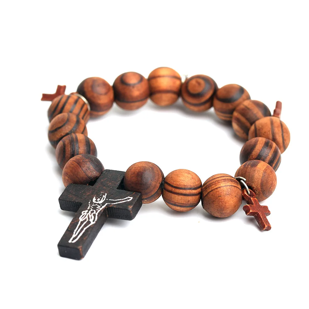 Christ Jesus Black Cross Bracelet Natural Wood Beads Beaded Elastic Bracelet Cross Bracelet Religious Bracelet Wholesale