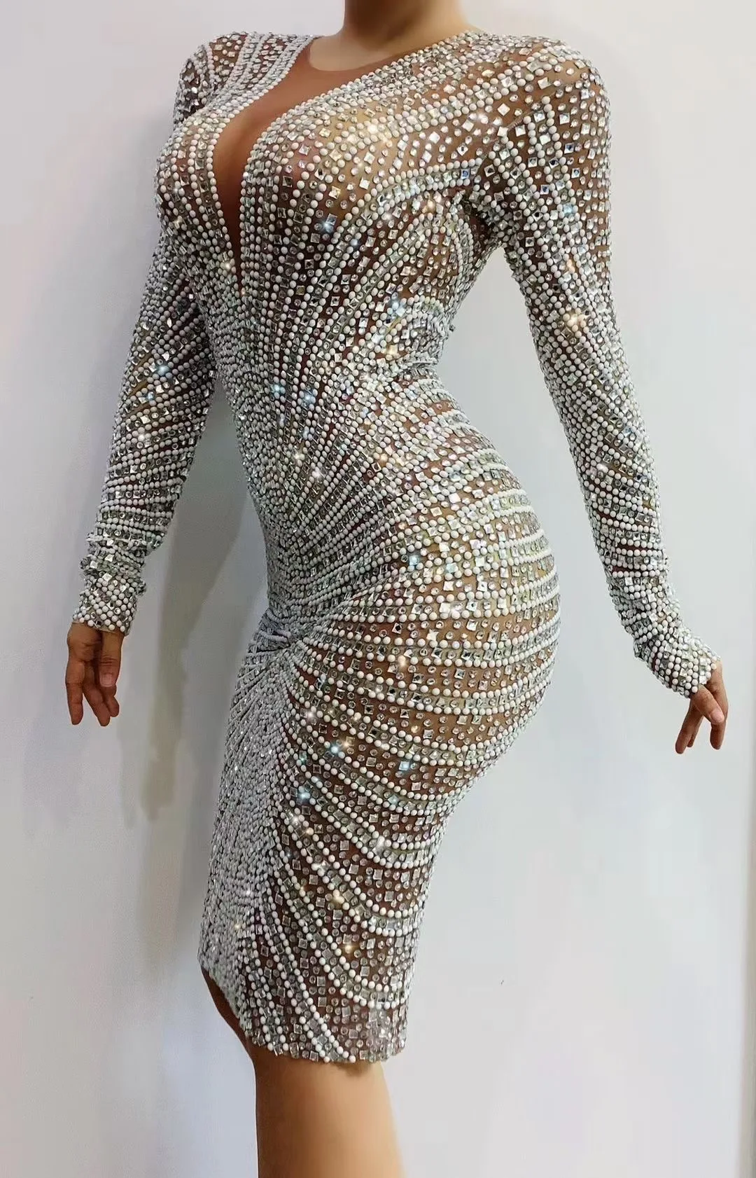 Luxe zilver witte volledige strass avondjurk met lange mouwen verjaardag vieren podiumkleding prestaties danser zanger show