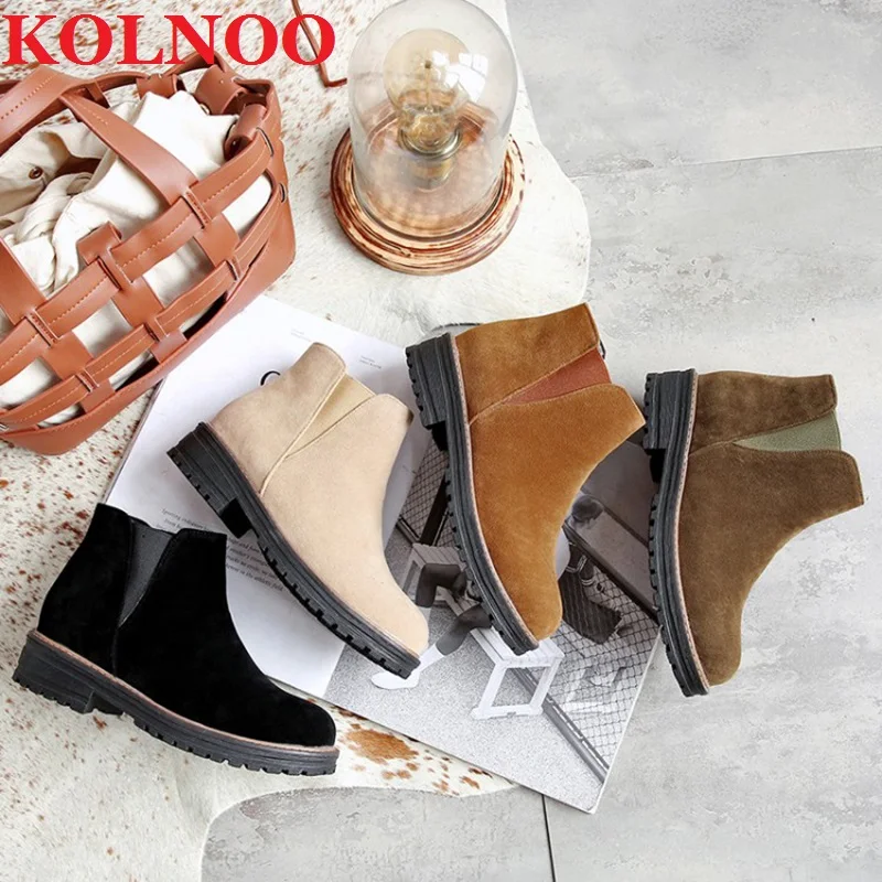 

Kolnoo Handmade Womens Thick Sole Ankle Boots Elastic-Band Vintage Four Colors Britsh Style Dress Boots Fashion Winter Shoes