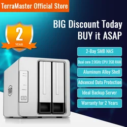 TerraMaster – stockage en nuage à 2 baies, Intel Dual Core 2.0GHz, serveur multimédia, sans disque