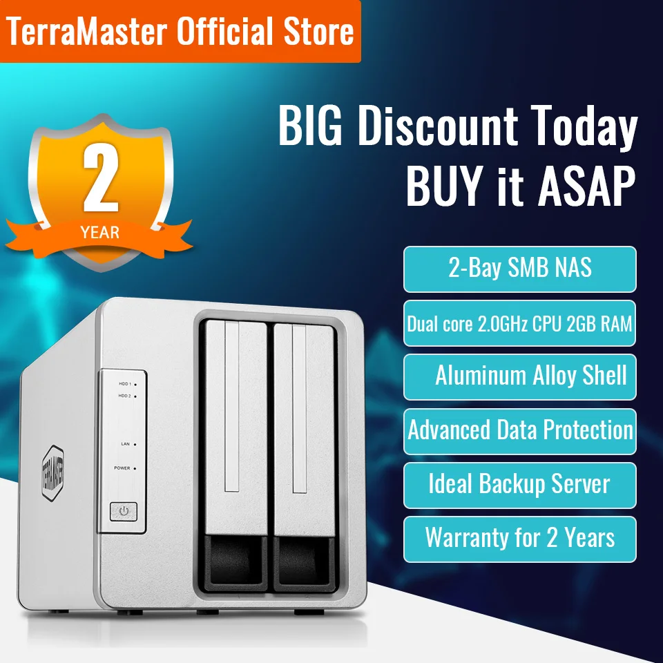 Imagem -01 - Terramaster-armazenamento em Nuvem Nas 2-bay Intel Dual Core 2.0ghz Plex Media Server Rede Diskless F2221