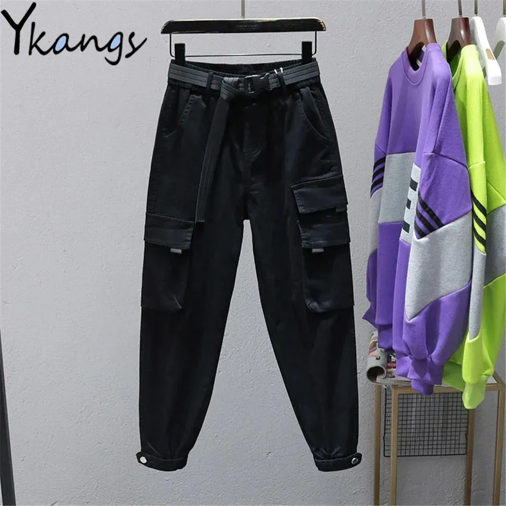 

Multi Pockets Belt Elastic Band High Waist Harem Pants Gothic Black White Women Cargo Trousers Streetwear Casual Mujer Pantaloon