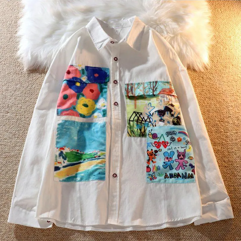 Spring Autumn designer women\'s oversize blouses school girl cartoon prints cute appliques party casual shirts Blousa Tops NS798
