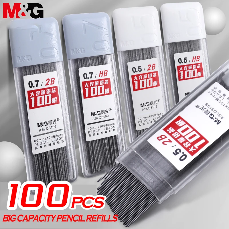 M & g 100 peças lápis leva 2b/hb 0.5mm 0.7mm grafite chumbo mecânico recarga de plástico automático substituir lápis chumbo