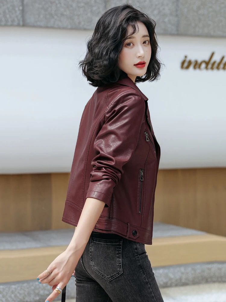 New Women Classic Leather Coat Spring Autumn 2024 Fashion Suit Collar Slim Short Sheepskin Outerwear Biker Leather Jacket Female