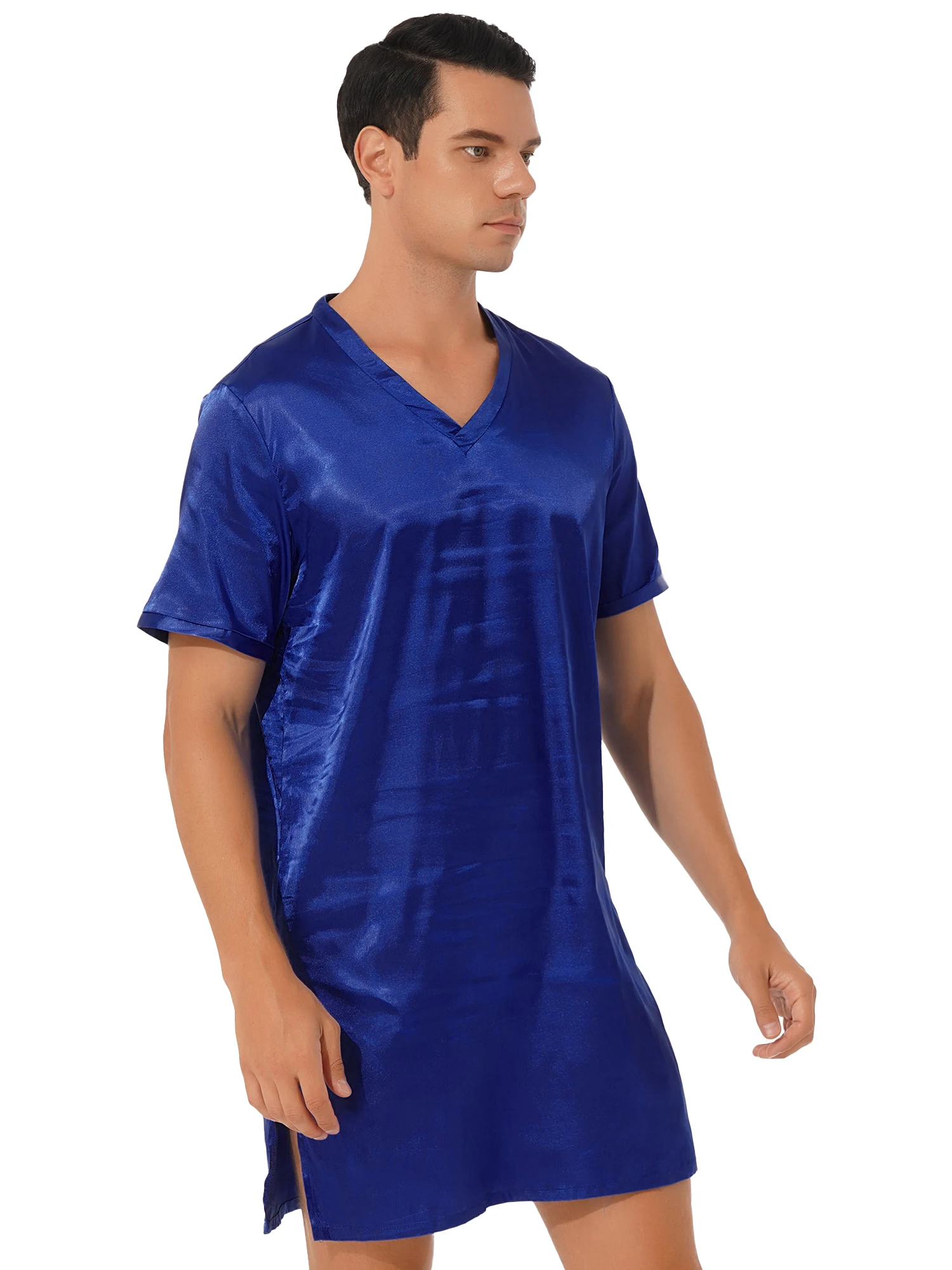 Men\'s Casual Short Sleeve V-Neck Silk Satin Loose Pajamas Loungewear Nightshirts Nightgown Nightdress Sleepwear Robe Bathrobes