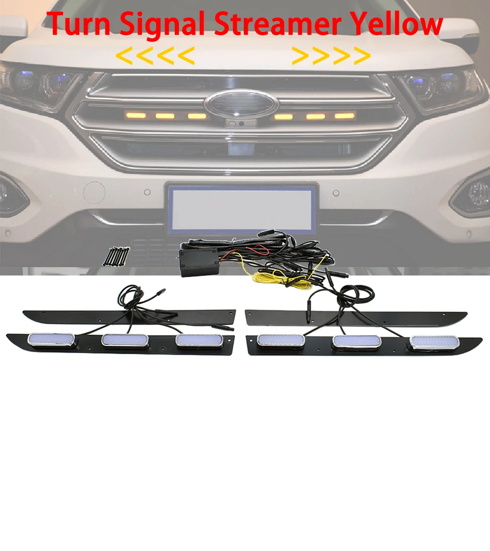 2 Pieces Car Accessories Front Grille Lighting Led Yellow Lights Mid-Net Turn Signal Streamer Yellow DRL for Ford Edge 2015~2018