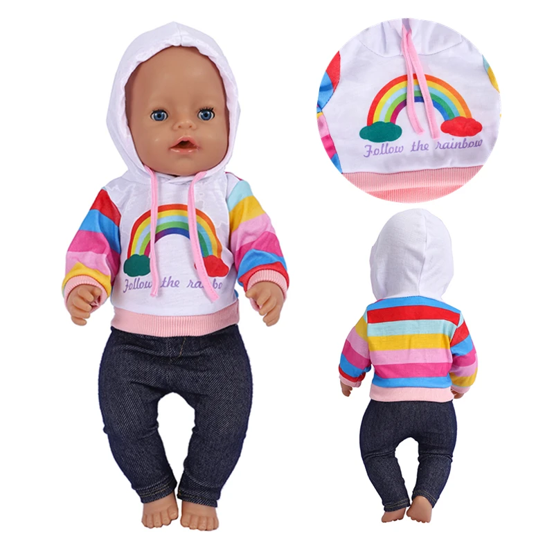 43 cm boneca roupas arco-íris hoodies e calças moda renascer boneca terno roupas para o bebê born18 Polegada bonecas aniversário festival presente