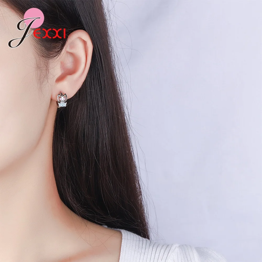 Cute 925 Silver Needle Pink Blue CZ Owl Huggies Small Hoop Earrings For Women Girls Anti-Allergic Jewelry