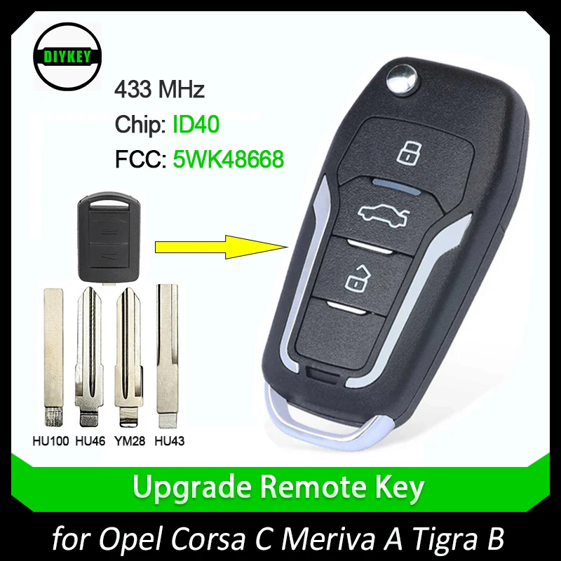 

DIYKEY Upgraded Flip Remote Car Key Fob 2 Button 433MHz ID40 Chip for Opel Corsa C Meriva A Tigra B TWIN TOP 5WK48668