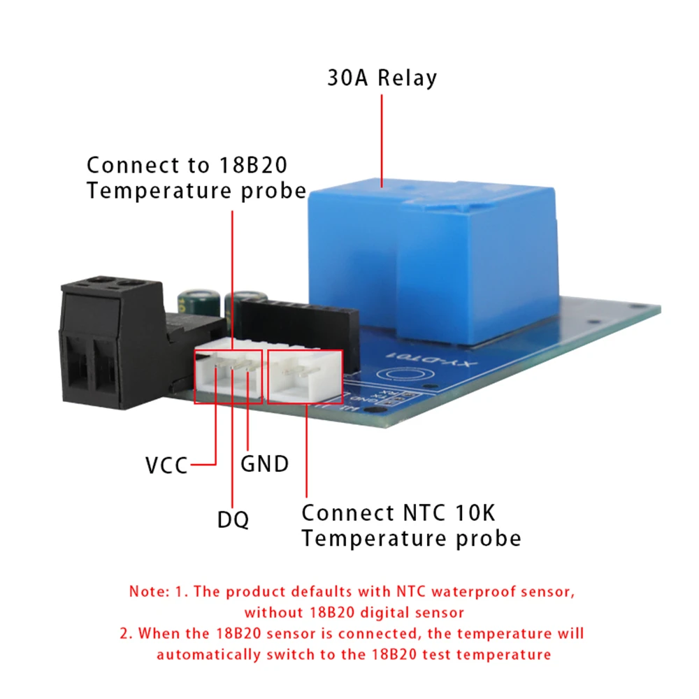 DT01 Digital Temperature Controller 30A Support 18B20 Sensor Module Relay Rail Digital Thermostat with 0.5M 10K probe