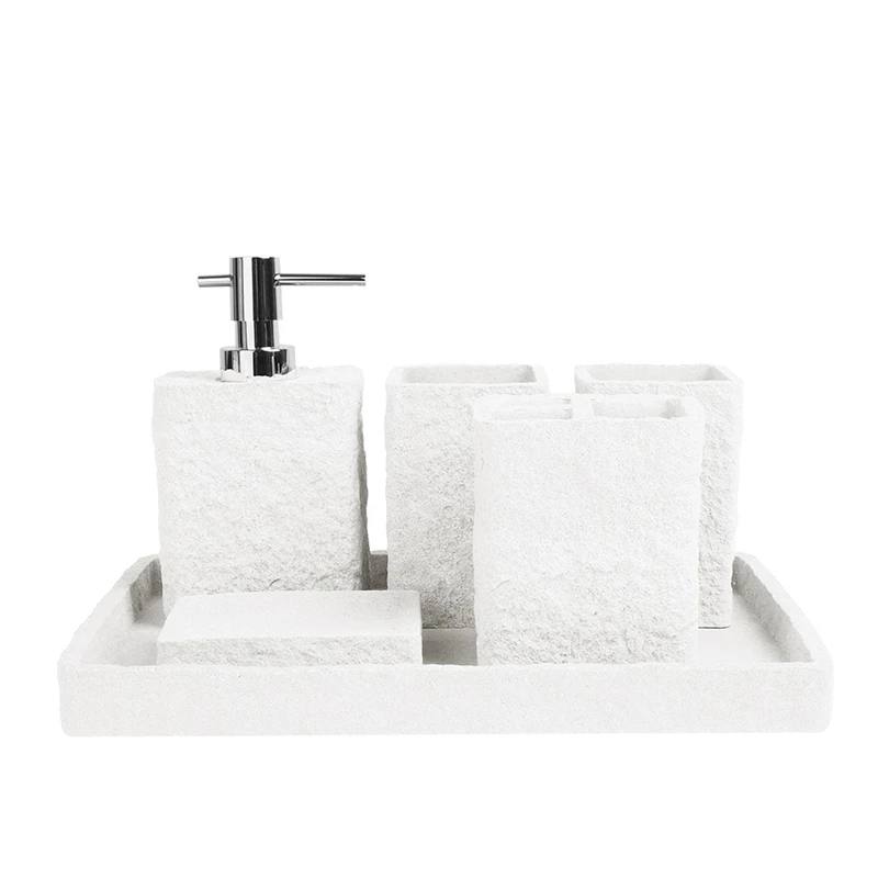 Bathroom Accessory Set 5 Pcs Rock Look Resin Bathroom Accessories Soap Dispenser Toothbrush Holder,Soap Dish Tumblers Bath Deco