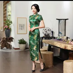 Sexy cheongsam classic Chinese style green  dress female wedding wedding satin cheongsam summer long temperament cheongsam