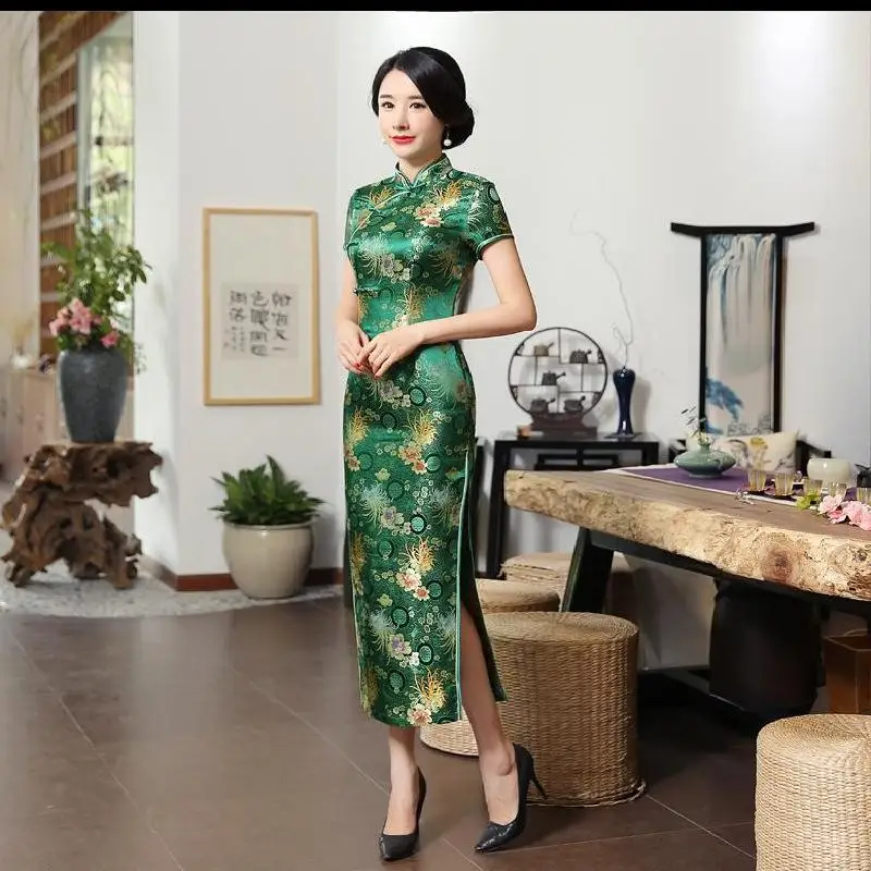 Sexy cheongsam classic Chinese style green  dress female wedding wedding satin cheongsam summer long temperament cheongsam