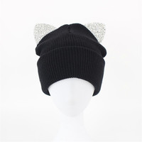 Stones Beanie for Women 2020 Girls Knit Warm Thick Winter Black Beanie Hat Rhinestone Skullies with Ears