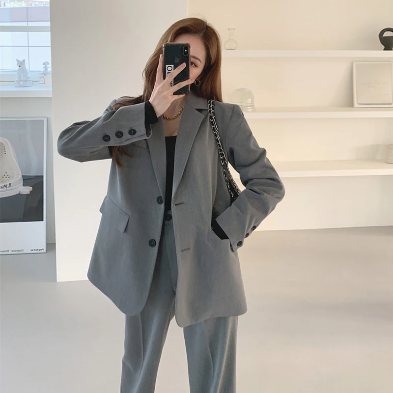 autumn office lady blazer sets Korean style loose gray suit jacket high waist wide leg pants 2 two piece set women outfits