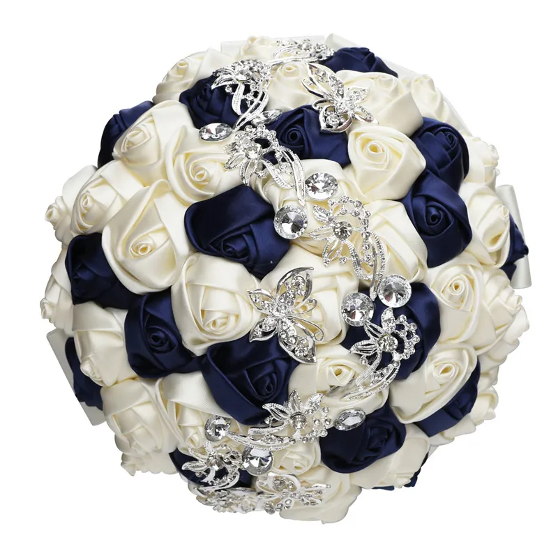 Venda quente noiva e dama de honra segurando buquê azul marinho cetim rosa strass broche buquê de suprimentos de casamento artesanal zq002