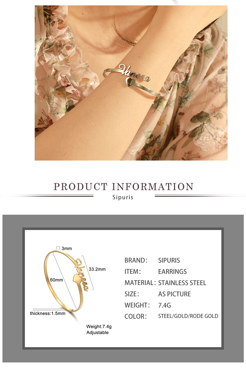 Sipuris Modisches Personalisiertes Namensarmband für Frauen aus Edelstahl, Individuelles Schmuckarmband, Bangle Femme, Maßgeschneiderte Geschenke – Detail 10