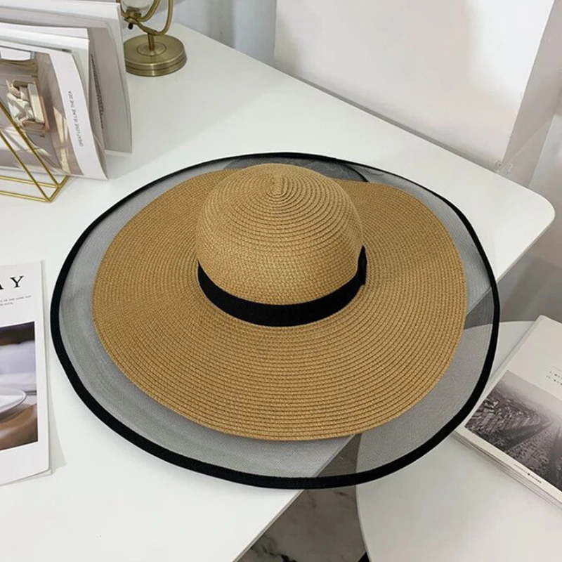 2021 New Sun Hats for Women Girls Wide Brim Floppy Straw Hat Summer Bohemia Beach Cap Ribbon Chapeau Black