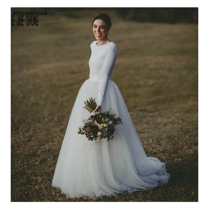 

E JUE SHUNG Simple Tull Wedding Dresses Long Sleeve A Line Scoop Neck Stain Sash White Ivory Bridal Gowns Vestios De Novia